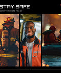 Three panels showing a firefighter, a smiling medical professional, and rescue workers in a boat.