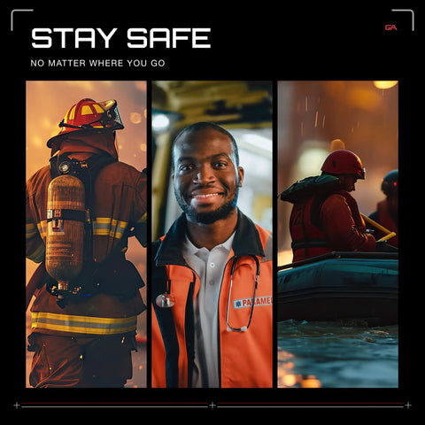 Three panels showing a firefighter, a smiling medical professional, and rescue workers in a boat.