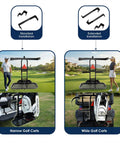Rear Seat Golf Cart Bag Holder With Foldable Rack And Safety Grab Bar Up To 8 Inches Easy No Drill Install Compatible With EZGO Club Car Yamaha featuring standard and extended installations on narrow and wide golf carts.