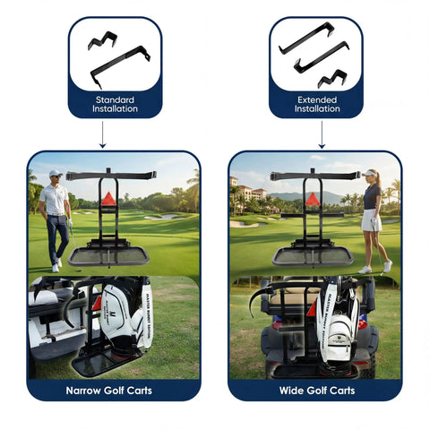 Rear Seat Golf Cart Bag Holder With Foldable Rack And Safety Grab Bar Up To 8 Inches Easy No Drill Install Compatible With EZGO Club Car Yamaha featuring standard and extended installations on narrow and wide golf carts.