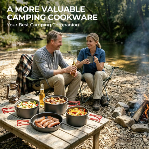 Durable Camping Cookware Set With Portable Pots And Pans For Outdoor Backpacking on table by campfire.
