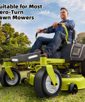 Close-up of a zero-turn lawn mower equipped with Flat Free 11x4.00-5 Lawn Mower Tire And Wheel Set, solid polyurethane tires