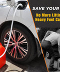 Auto-Stop fuel transfer pump with 51in hose connected to orange portable gas can for no-spill refueling