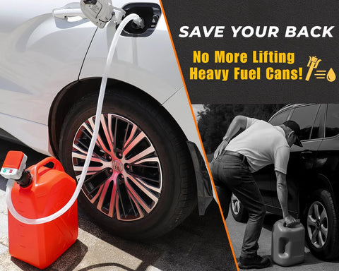 Auto-Stop fuel transfer pump with 51in hose connected to orange portable gas can for no-spill refueling