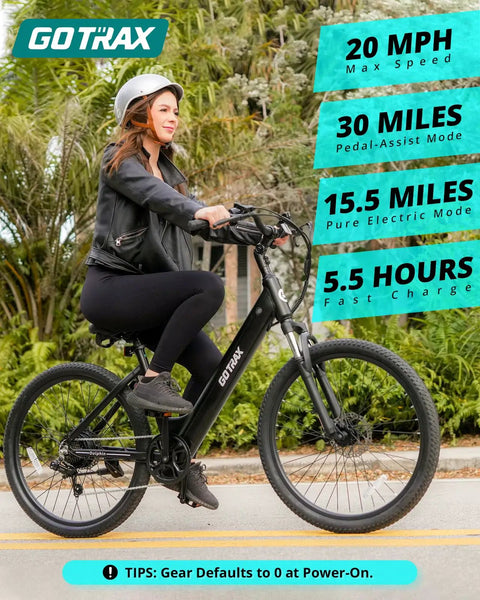 Woman riding 26 Inch Electric Bike With 350W Brushless Motor Up To 20 MPH, 30 Mile Pedal Assist Range, Front Shock, Black