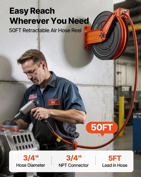 Pro Level Retractable Air Hose Reel Including 3/4 Inch By 50 Foot Pvc Hose With Snappy Auto Rewind And Wall Or Ceiling Brackets For A Hassle Free Garage in use with drill.