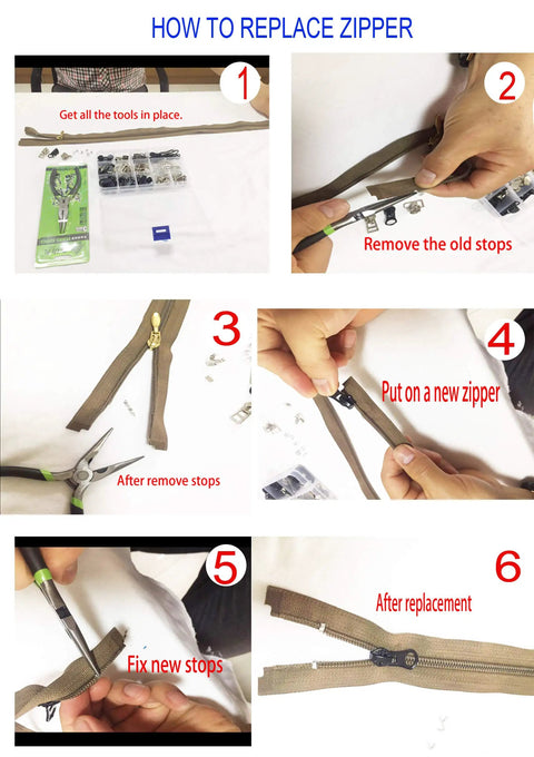 Step-by-step guide using 255 Piece Zipper Repair Kit With Replacement Sliders For Size 3 5 8 Nylon And Metal Zippers Pliers Tool And Zip Extension Pulls Ideal For Jackets Luggage Backpacks Tents Sleeping Bags Easy Fix DIY to fix a zipper.