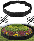Circular setup of stone-look plastic garden edging border with anchoring spikes, demonstrating DIY yard landscaping use.