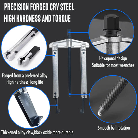 Gear Puller Set 6 In 1 Bearing Puller Kit with details of Cr-V steel construction, hexagonal design, and durable alloy claws.