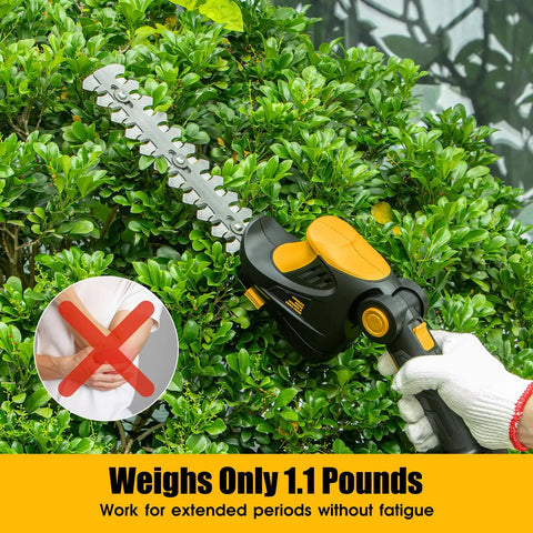 Cordless Hedge Trimmer And Grass Trimmer 2 In 1 For Yard Work 1200 RPM Power To Cut Thick Hedges And Lawn Edges Works With 20V MAX Batteries Battery Not Included Yellow, shown trimming a hedge