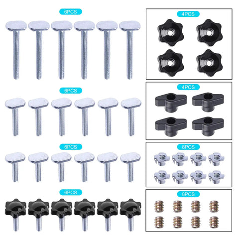 Quarter Inch T Track Bolts and Knobs Kit Pro Grade for Woodworking Jigs and Fixtures, assorted bolts and knobs in kit layout.