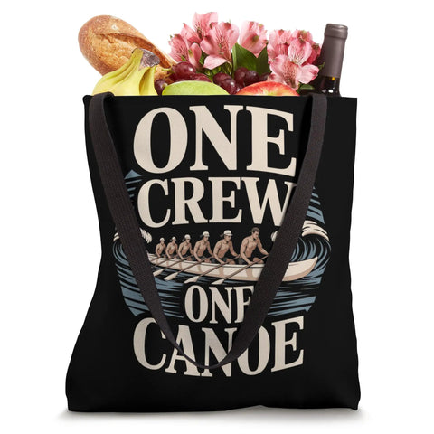 One Crew One Canoe Rowing Tote Bag with groceries, ideal for team spirit, gear, and regattas, crew training camp accessory