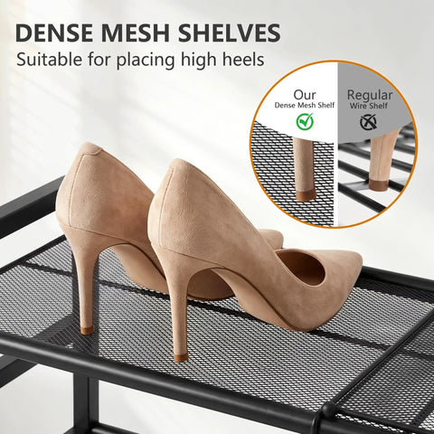Close-up of high heels on the Rock Solid Expandable Shoe Rack Black Two Tier Metal Closet Organizer.