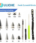 559 Piece Punk Studs And Spikes Kit including cone studs, pyramid rivets, tools, wristbands, screwdriver on white background