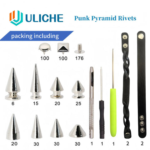 559 Piece Punk Studs And Spikes Kit including cone studs, pyramid rivets, tools, wristbands, screwdriver on white background