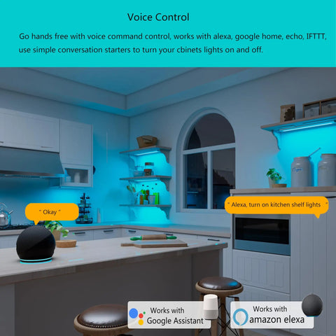 Modern kitchen with under cabinet LED strip lights in RGB colors, voice-controlled by Alexa, showing vibrant color under shelves.