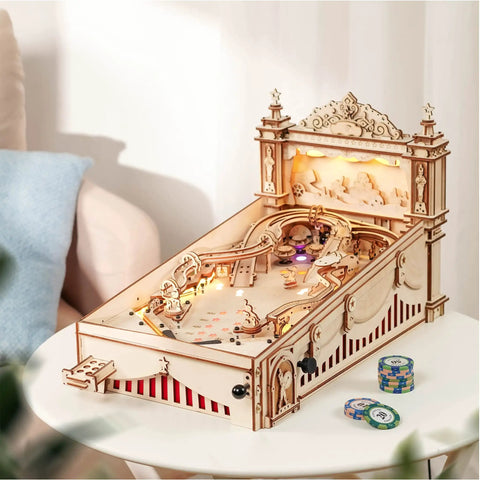 Handcrafted 3D Wooden Pinball Puzzle Kit For Adults And Teens 14 Plus Mechanical Model DIY Pinball Game Build Kit on table