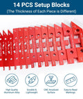 14-Piece Aluminum Alloy Table Setup Blocks For Woodworking display with red blocks showing various thicknesses and gauge markings.