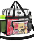 Go To Clear Stadium Bag For Work And Gym With Non Detachable Reinforced Straps 12 By 5.5 By 12 Inches Transparent Tote Lunch Bag For Sporting Events And Travel Black showing contents and design