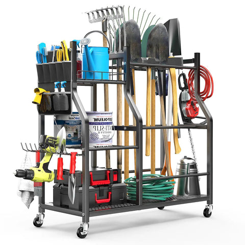 36 Inch Large Garden Tool Organizer On Wheels With Grab And Go Side Pocket Three Tier Rolling Garage Storage Cart For Long Handled Rakes Shovels Brooms Freestanding Yard Tools For Shed And Outdoors