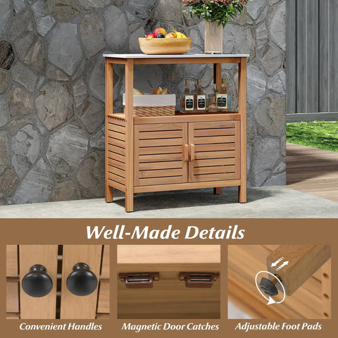 Dope Patio Wood Storage Cabinet For Outdoor Kitchen Acacia Buffet With Marble Style Countertop Open Shelf And Two Doors