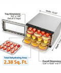 Heavy Duty Five Tray Electric Food Dehydrator With Digital Timer And Temp Control Up To 176 Degrees Fahrenheit showing fruits on trays.