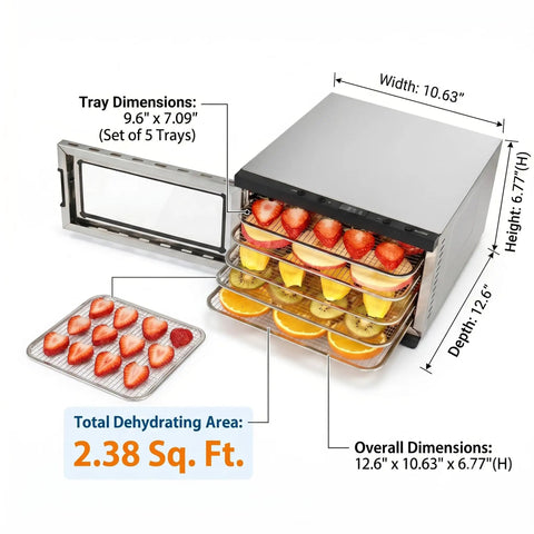 Heavy Duty Five Tray Electric Food Dehydrator With Digital Timer And Temp Control Up To 176 Degrees Fahrenheit showing fruits on trays.