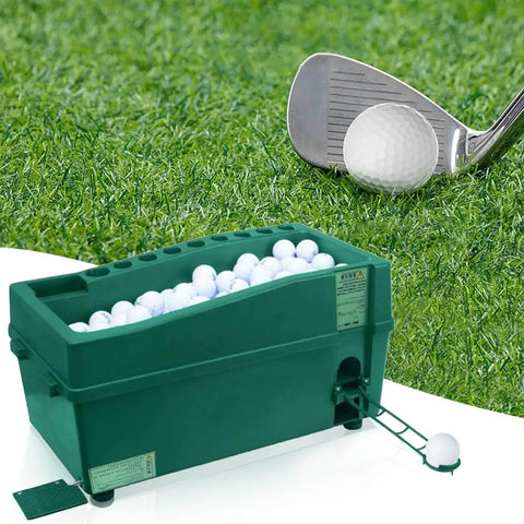 Automatic Golf Ball Dispenser For Practice with club and ball on grass, 24.41 inch ball feed, indoor outdoor swing trainer and club organizer