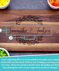 Wooden cutting board with dark and light wood tones; laser-engraved Samantha & Jackson in a laurel wreath with 2019.