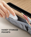 Portable Laptop Lap Desk With Pillow Cushion, Fits Up To 15.6 Inch Laptops, showing handy built-in storage pocket and wood-grain surface.