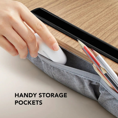 Portable Laptop Lap Desk With Pillow Cushion, Fits Up To 15.6 Inch Laptops, showing handy built-in storage pocket and wood-grain surface.