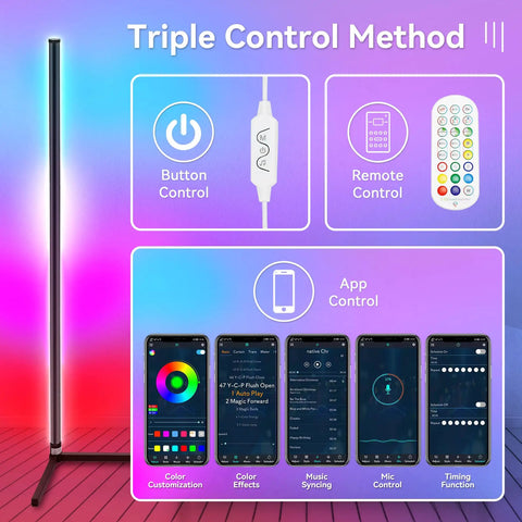 Corner Floor Lamp Set The Vibe With 16 Million RGB Colors And Over 210 Mood Lighting Modes Music Reactive Sync Remote And App Control 48 Inch Tall Metal Floor Lamp For Living Room Home Decor showing control methods.