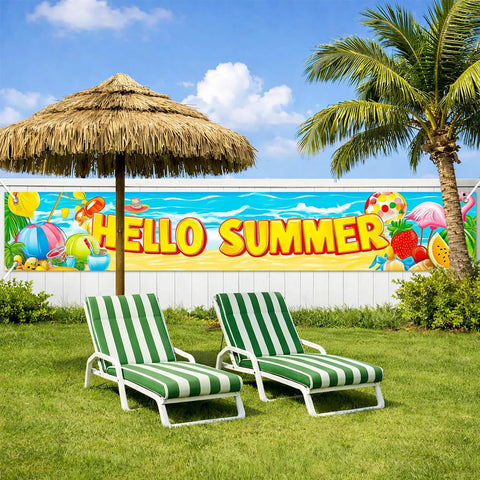 Hello Summer Banner 118 By 20 Inches Outdoor Beach Theme Party Decor With Flamingo And Tropical Fruit Design