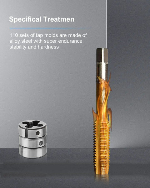 Pro Grade Beefy Metric Tap And Die Set M2 To M18 Rethreading Kit, shown with sturdy tap and die tools for threading use