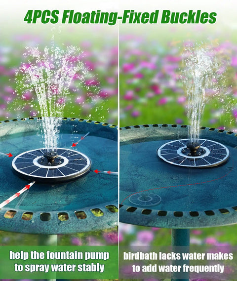 Upgraded 100 Percent Glass Solar Fountain With 3.5W Pump Built In 2000mAh Battery Seven Nozzles And Four Fixers Colorful Outdoor Bird Bath Water Feature For Garden Or Pool Cool Eco Friendly Solar Power with four floating fixers on a bird bath