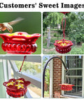 Two Pack Glass Hummingbird Feeders For Outdoors, red hanging style, installed in garden with bee guard ports, 3.4 oz capacity.