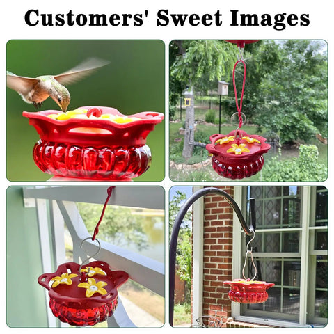 Two Pack Glass Hummingbird Feeders For Outdoors, red hanging style, installed in garden with bee guard ports, 3.4 oz capacity.