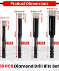 Diamond drill bit set, 10 pieces by REKCKRUL; 1/4 hex shank, sizes 1/4–1/2 in and 6–12 mm for ceramic/tile/glass.