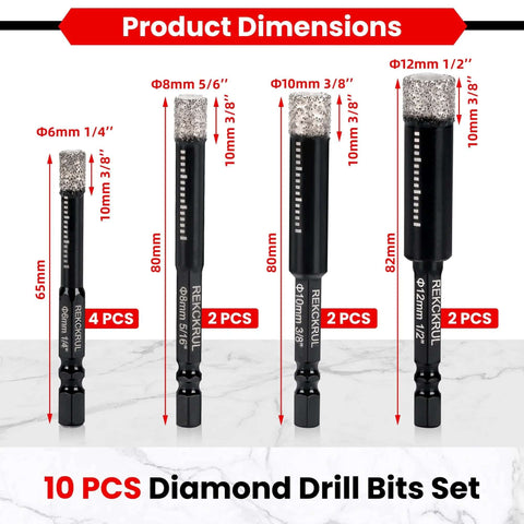 Diamond drill bit set, 10 pieces by REKCKRUL; 1/4 hex shank, sizes 1/4–1/2 in and 6–12 mm for ceramic/tile/glass.