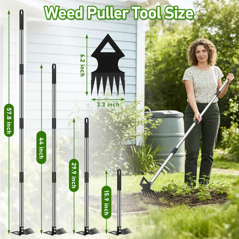 Woman using Beefy 56 Inch Long Handle Weed Puller Tool Dual Head 2 In 1 Weed Rake And Garden Hoe in garden bed.