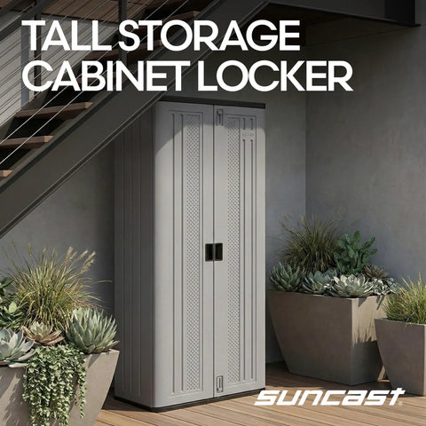 72 Inch Tall Resin Garage Organization Storage Cabinet Freestanding Utility Closet With Shelving For Garden Supplies Paint Cans And Outdoor Tools Lockable Platinum Finish Built Tough And Rust Resistant