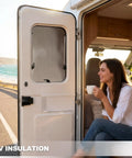 Kick Heat To The Curb With This Premium Reflective Bubble Insulation Roll For RV Weather Protection And Home Window Sun Guard, enjoying coffee in an RV.