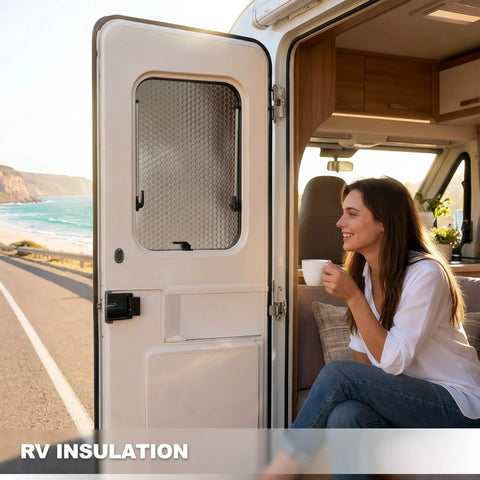 Kick Heat To The Curb With This Premium Reflective Bubble Insulation Roll For RV Weather Protection And Home Window Sun Guard, enjoying coffee in an RV.