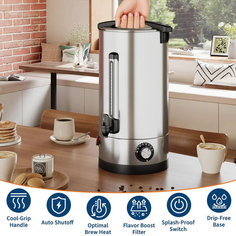 Heavy Hitter Double Wall Stainless Steel Coffee Urn Commercial Hot Beverage Dispenser Holds 110 Cups with cool-grip handle.