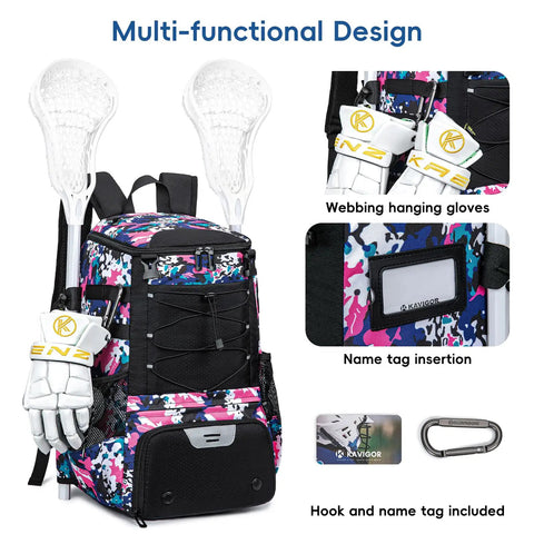 Youth Lacrosse Backpack With Secure Helmet Slot And Separate Shoe Compartment, Waterproof Team Gear Bag For Boys And Girls, Ventilated Mesh Back, Game Day Ready Solid Haul with gloves and stick.