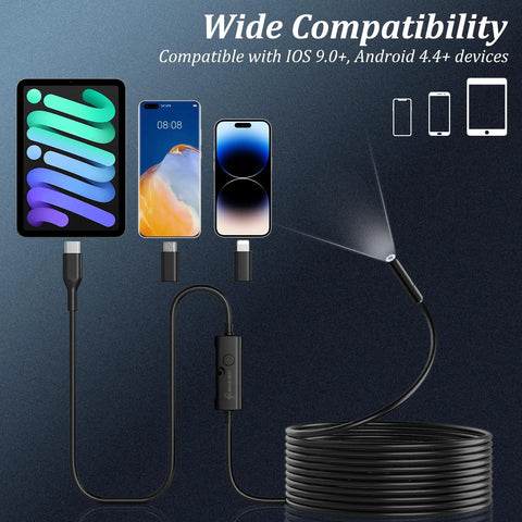 1920P HD Endoscope Camera with Light and 8 Adjustable LED Lights, 7.9mm semi-rigid probe, connections to iOS and Android