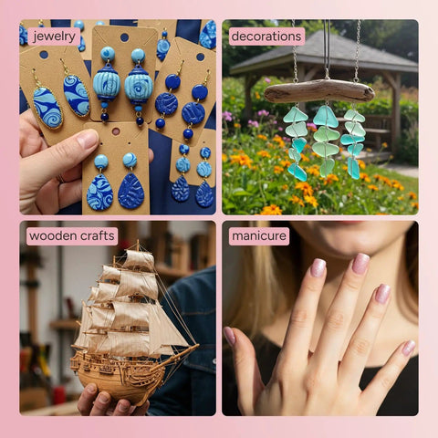 All In One Resin Polishing Kit With Electric Rotary Drill And UV Light, shown in use for jewelry, decorations, wooden crafts, manicure