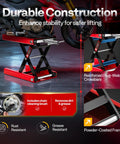 Heavy Duty 1100 Lbs Motorcycle Lift Scissor Jack With Wide Deck Height Adjustable Center Stand in red, side view.