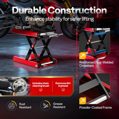 Heavy Duty 1100 Lbs Motorcycle Lift Scissor Jack With Wide Deck Height Adjustable Center Stand in red, side view.