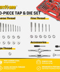 The Ultimate 80 Piece Tap And Die Set With Sae Metric Sizes For Auto Repair Pros Who Need Serious Thread Fixing Power GCr15 Steel Durability. 40-piece tap and die set in red case with coarse, fine, and pipe threads